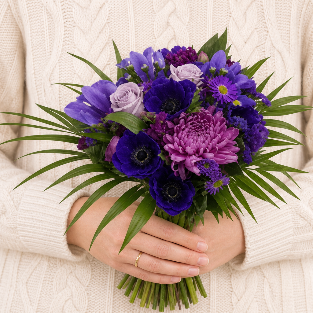 Person holding the TREASURED bouquet outdoors, torso only without face