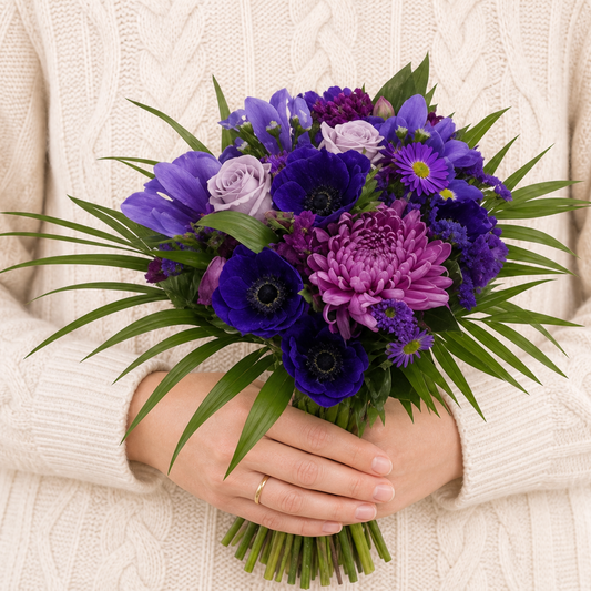 Person holding the TREASURED bouquet outdoors, torso only without face