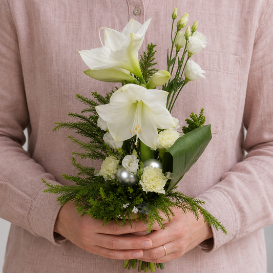 Person holding the TRUTHFUL bouquet outdoors, torso only without face