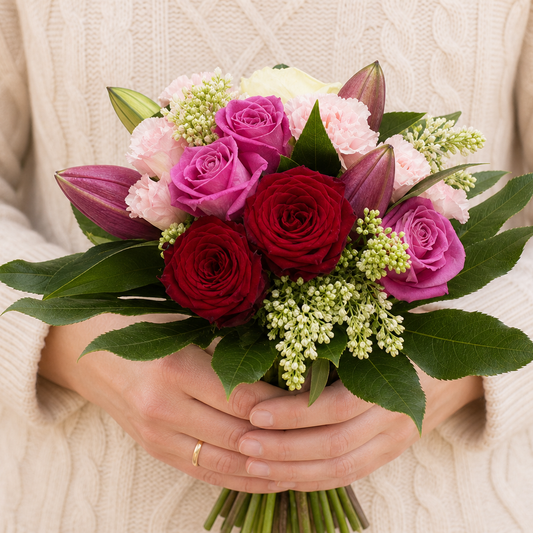 Person holding the UNIQUE bouquet outdoors, torso only without face