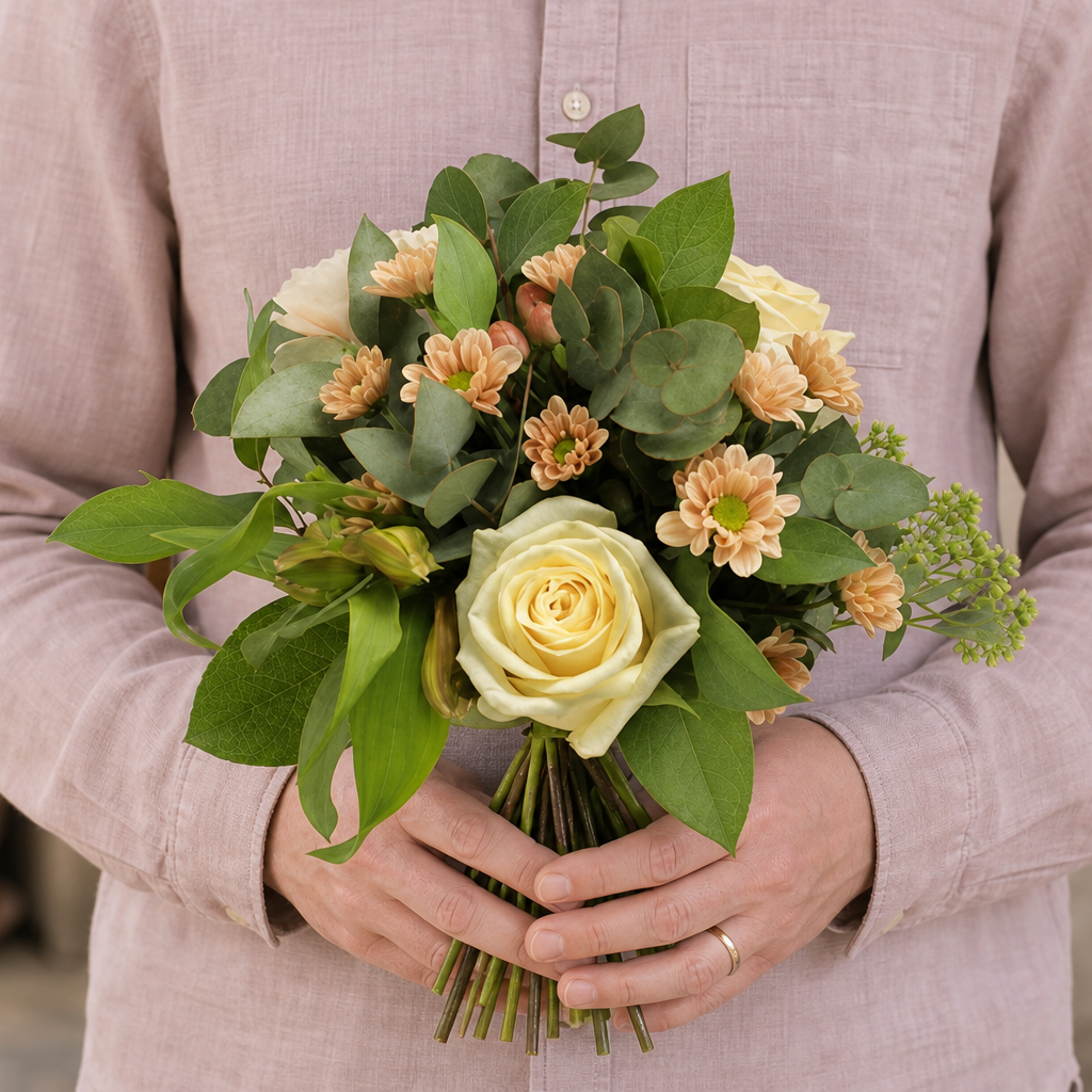 Person holding the VIBRANT bouquet outdoors, torso only without face