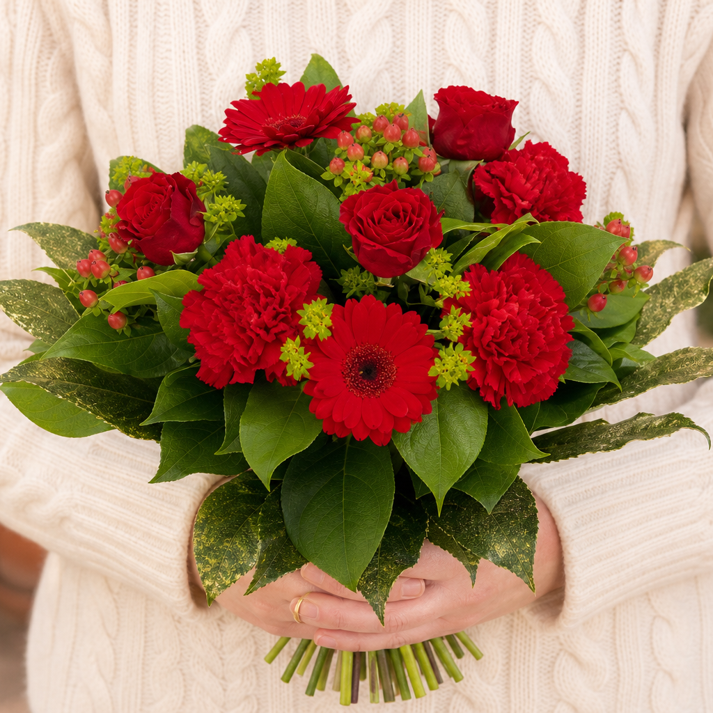 Person holding the WONDERFUL bouquet outdoors, torso only without face