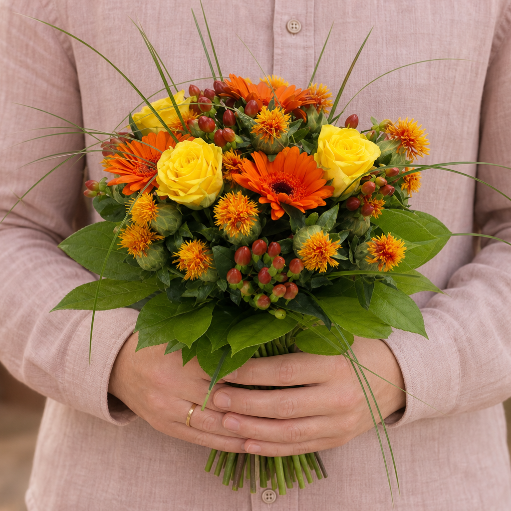 Person holding the WOW bouquet outdoors, torso only without face