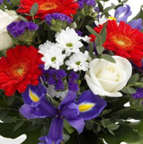 Bouquet of colorful flowers including red gerberas, white roses, and purple irises.